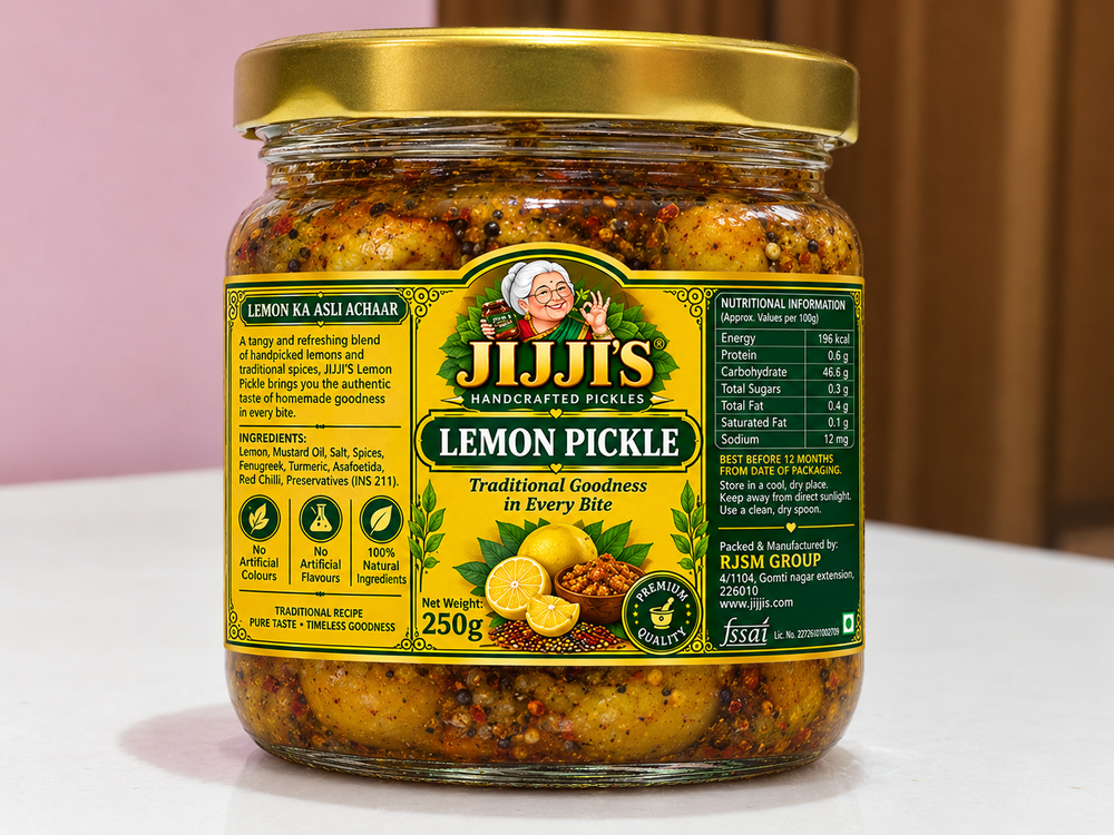 Jar of Lemon Pickle, traditional nimbu achar by Jijji's Achar Co.