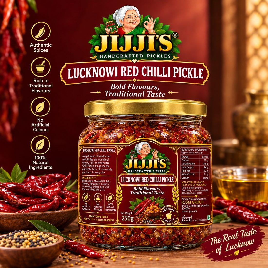 Jijji's Lucknowi Red Chilli Pickle, 250g jar